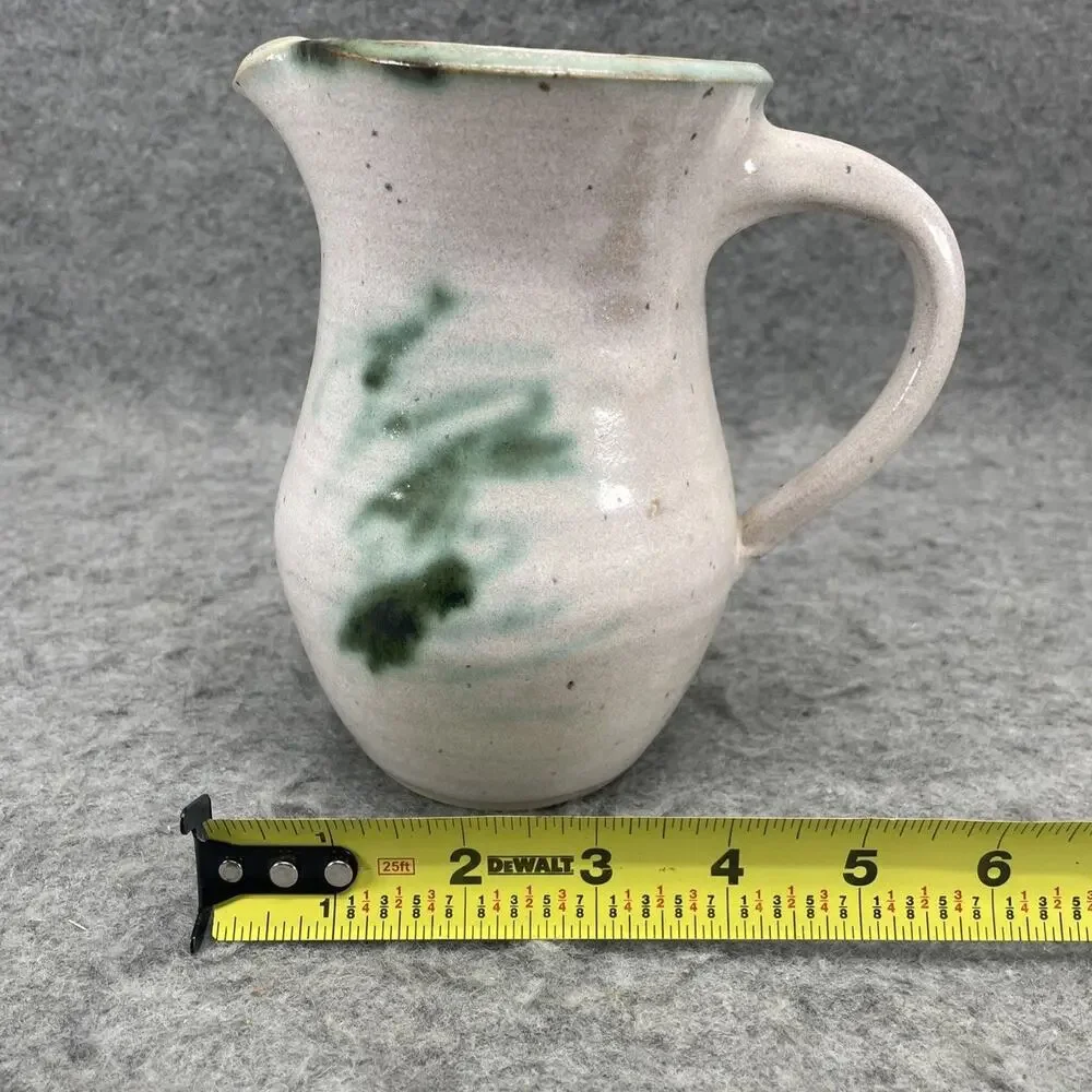 Studio Art Pottery Stoneware Pitcher Green White Teal Glaze Signed 6.25 in tall